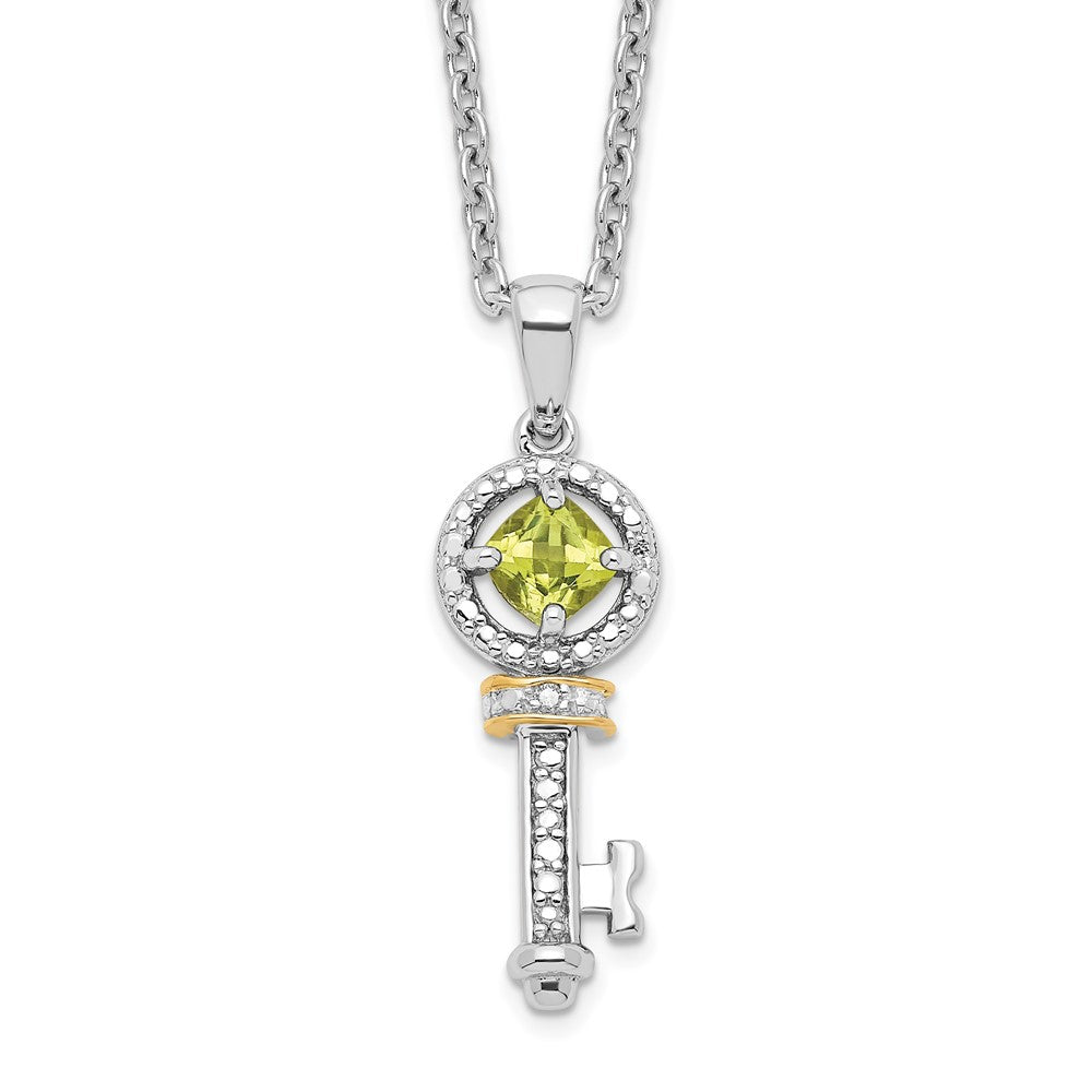Sterling Silver Brilliant Gemstones With 14K Accent Rhodium-Plated Peridot And Diamond Key 18 Inch Necklace 2 Extender
