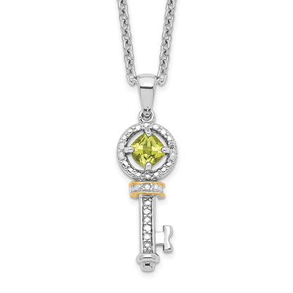 Sterling Silver Brilliant Gemstones With 14K Accent Rhodium-Plated Peridot And Diamond Key 18 Inch Necklace 2 Extender