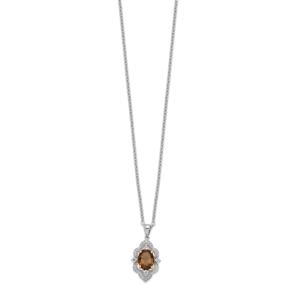 Sterling Silver Brilliant Gemstones With 14K Accent Rhodium-Plated Smoky Quartz And White Topaz Diamond 18 Inch Necklace 2 Extender