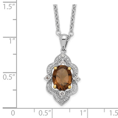 Sterling Silver Brilliant Gemstones With 14K Accent Rhodium-Plated Smoky Quartz And White Topaz Diamond 18 Inch Necklace 2 Extender