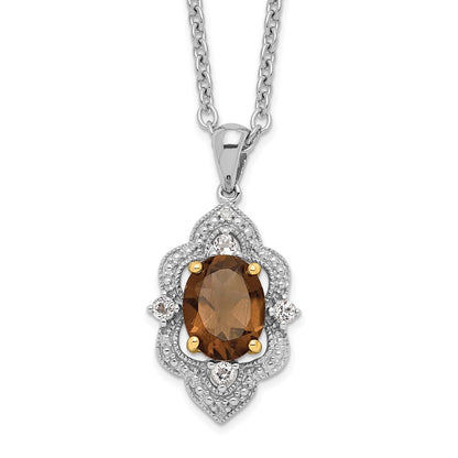 Sterling Silver Brilliant Gemstones With 14K Accent Rhodium-Plated Smoky Quartz And White Topaz Diamond 18 Inch Necklace 2 Extender