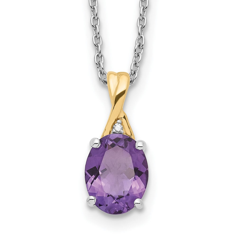 Sterling Silver Brilliant Gemstones With 14K Accent Rhodium-Plated Amethyst And Diamond 18 Inch Necklace 2 Extender