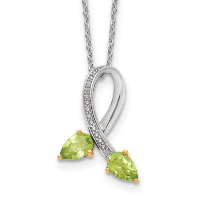 Sterling Silver Brilliant Gemstones With 14K Accent Rhodium-Plated Peridot And Diamond 18 Inch Necklace 2 Extender
