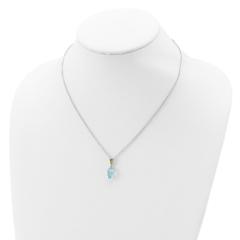 Sterling Silver Brilliant Gemstones With14K Accent Rhodium-Plated Sky Blue Topaz And Peridot 18 Inch Necklace With 2 Extender