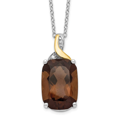 Sterling Silver Brilliant Gemstones With 14K Accent Rhodium-Plated Smoky Quartz And Diamond 18 Inch Necklace 2 Extender