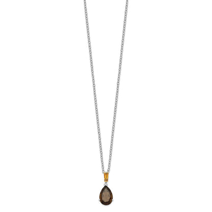 Sterling Silver Brilliant Gemstones With 14K Accent Rhodium-Plated Smoky Quartz And Citrine Necklace