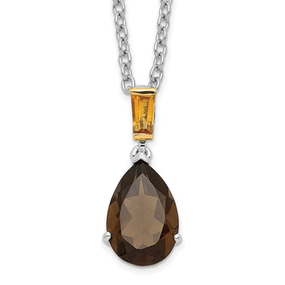 Sterling Silver Brilliant Gemstones With 14K Accent Rhodium-Plated Smoky Quartz And Citrine Necklace