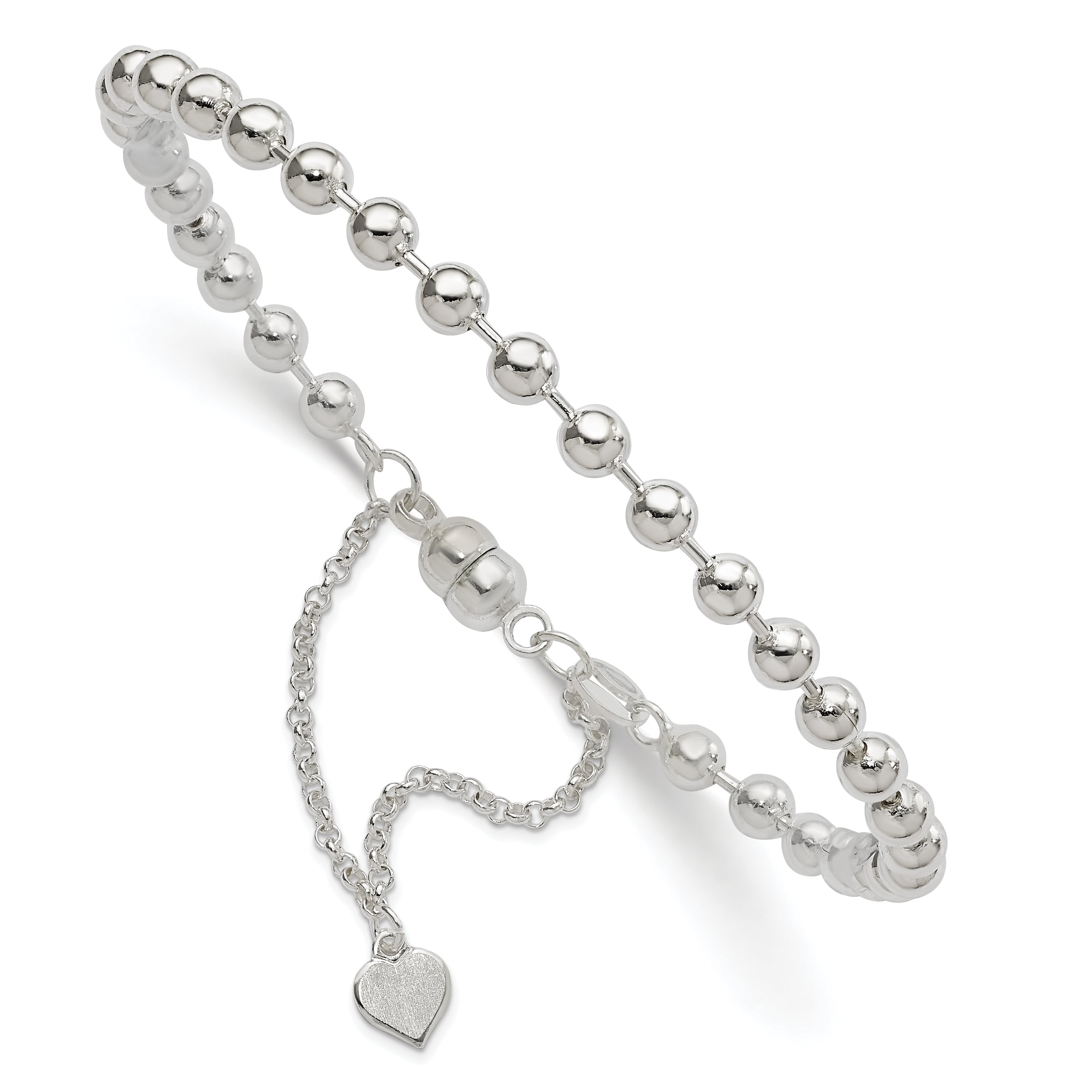 Sterling Silver Polished 4mm Beaded Dangling Heart 7.5 Inch Charm Bracelet With Magnetic Clasp