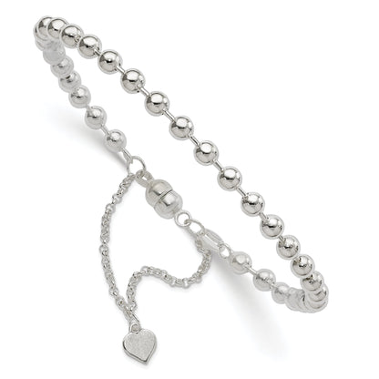 Sterling Silver Polished 4mm Beaded Dangling Heart 7.5 Inch Charm Bracelet With Magnetic Clasp