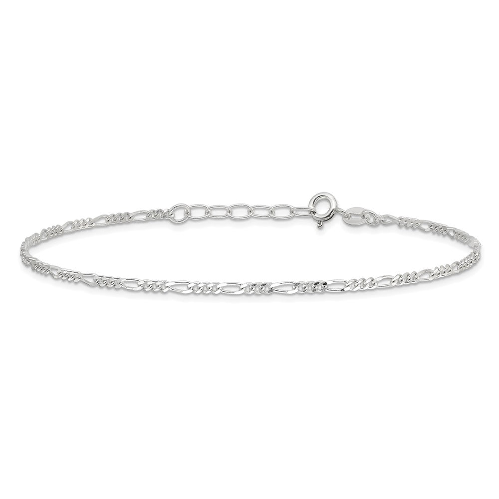 Sterling Silver Diamond Cut Polished Figaro 9In Plus 1In Ext. Anklet