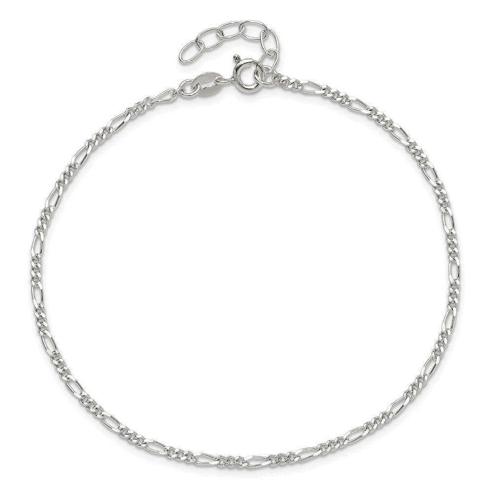 Sterling Silver Diamond Cut Polished Figaro 9In Plus 1In Ext. Anklet