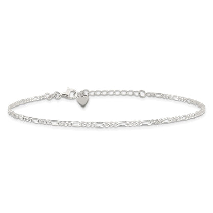 Sterling Silver D/C Polished Figaro 9In Plus 1In Ext. Anklet