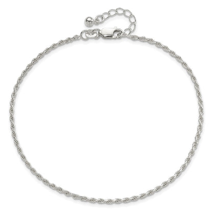 Sterling Silver Adjustable Diamond-Cut Rope 9In Plus 1In Ext. Anklet