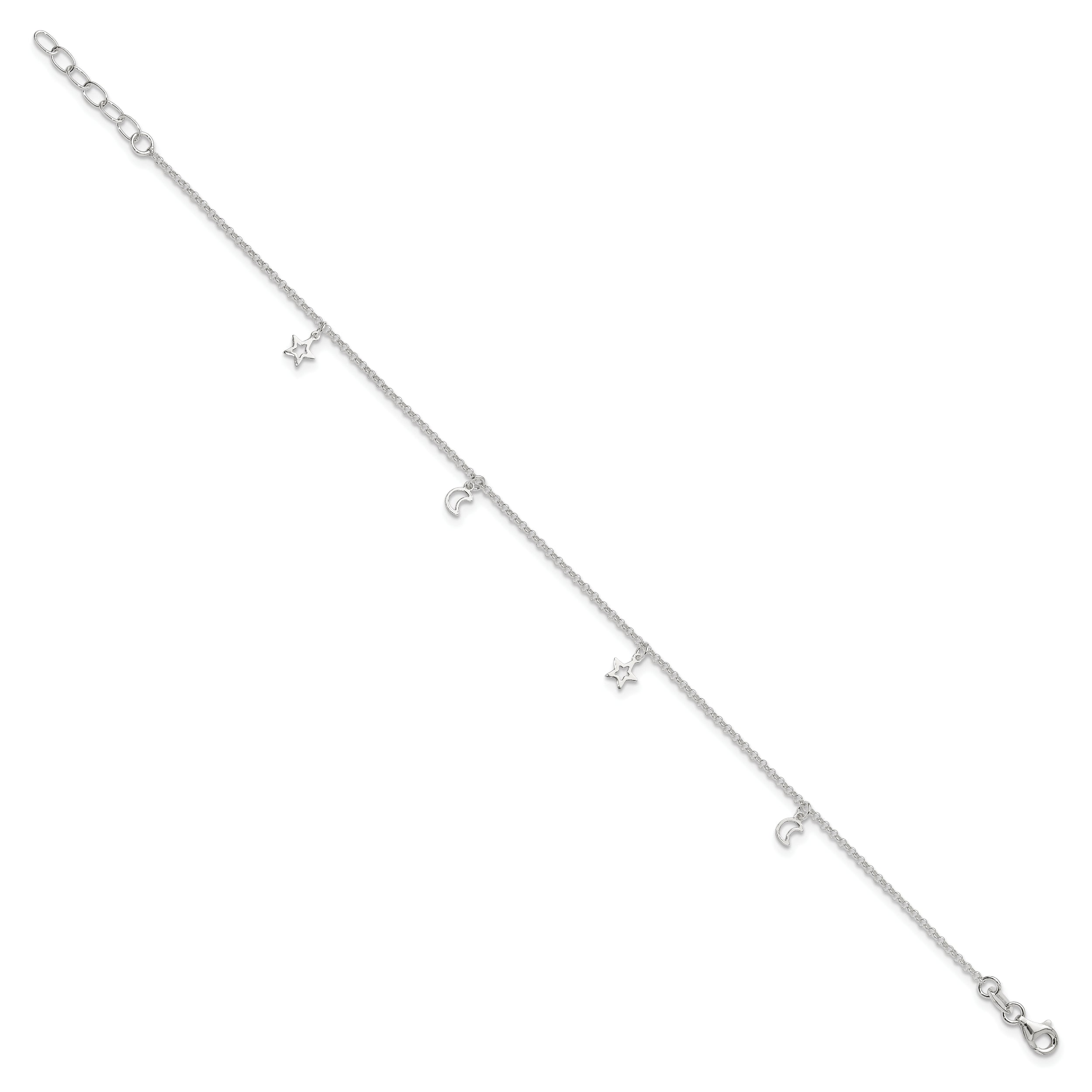 Sterling Silver Moon And Stars 9In Plus 1In Ext. Anklet
