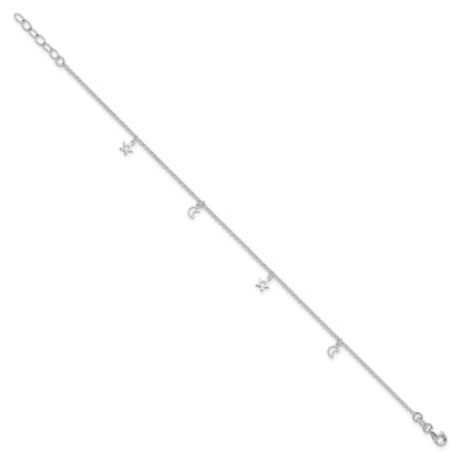 Sterling Silver Moon And Stars 9In Plus 1In Ext. Anklet