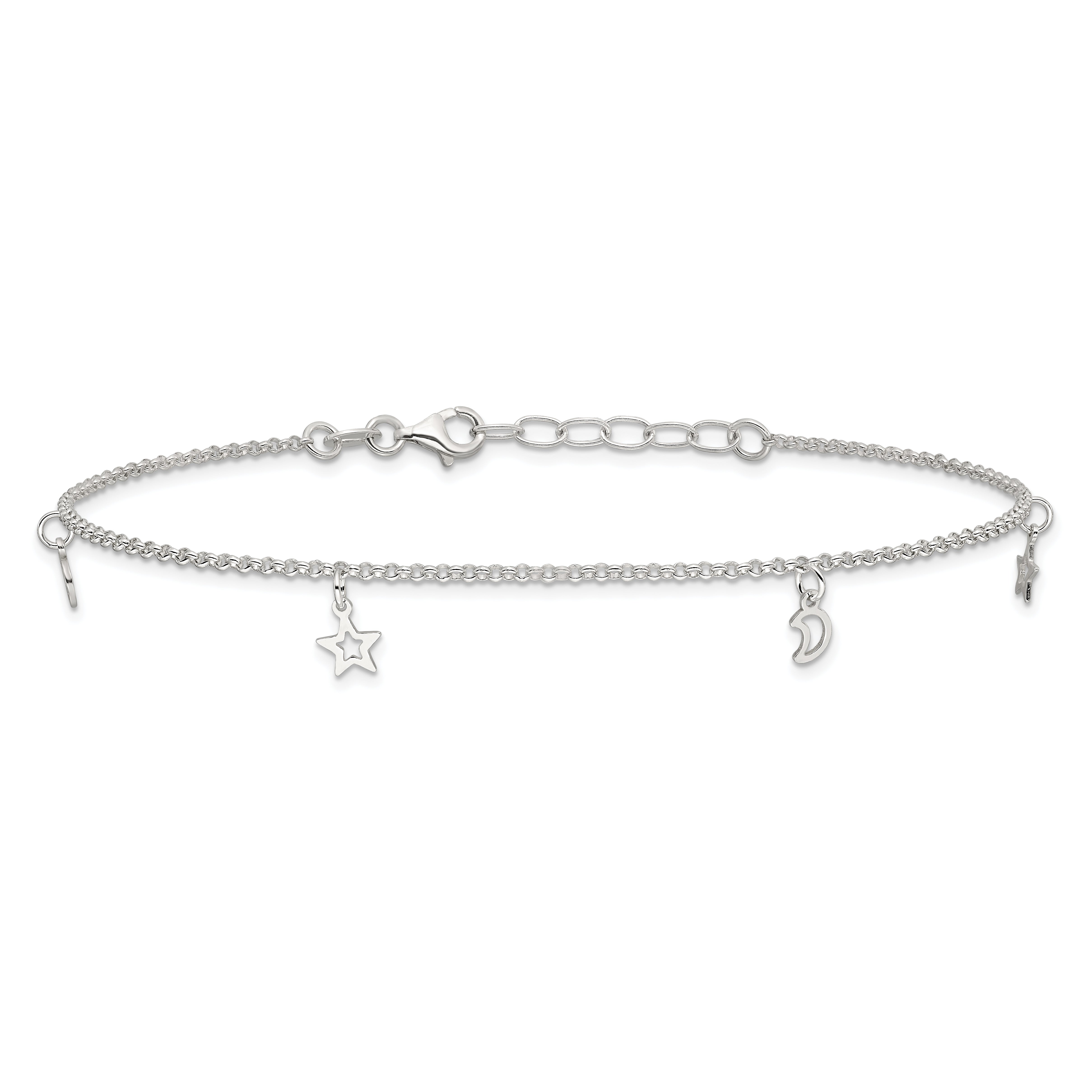 Sterling Silver Moon And Stars 9In Plus 1In Ext. Anklet
