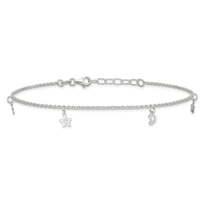 Sterling Silver Moon And Stars 9In Plus 1In Ext. Anklet