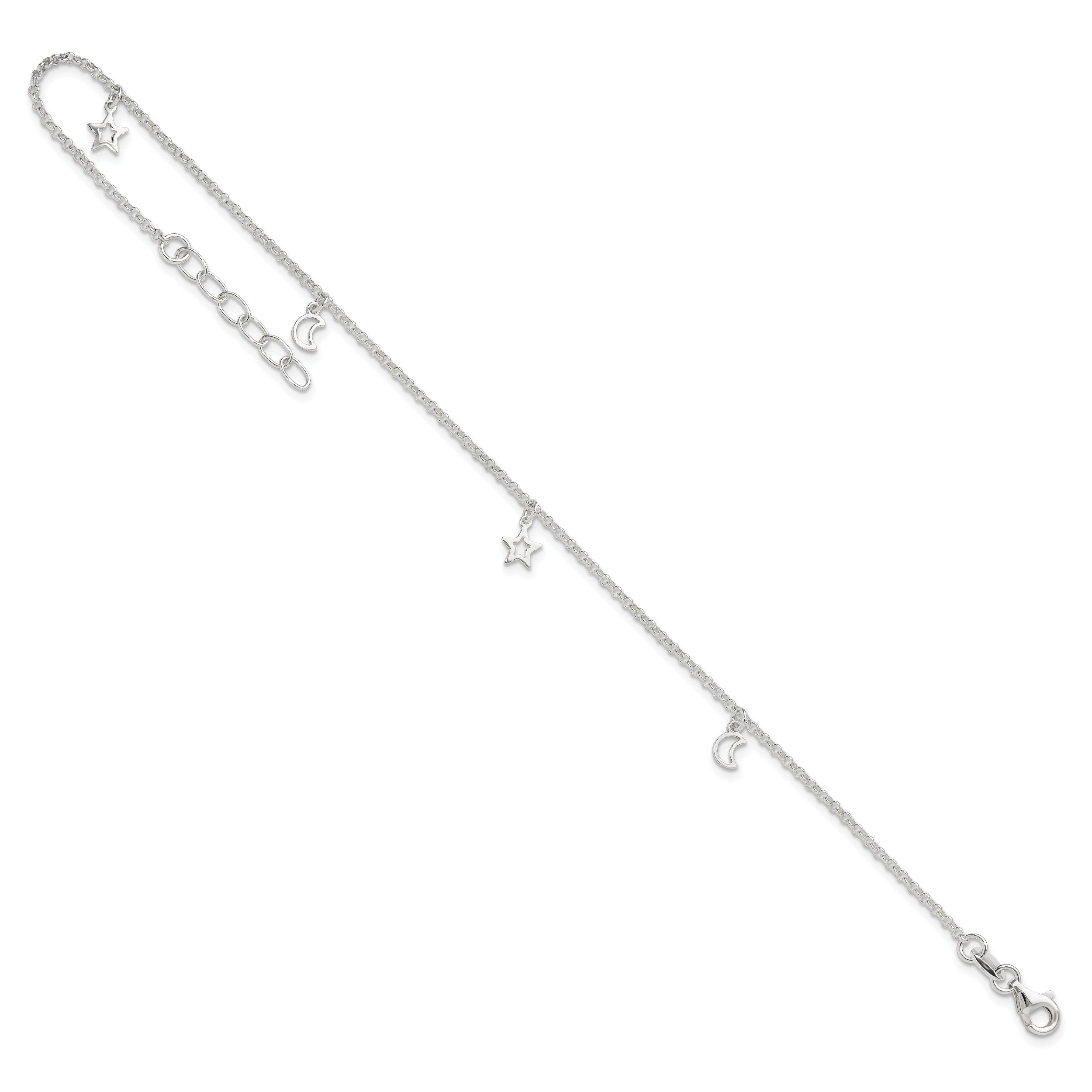 Sterling Silver Moon And Stars 9In Plus 1In Ext. Anklet