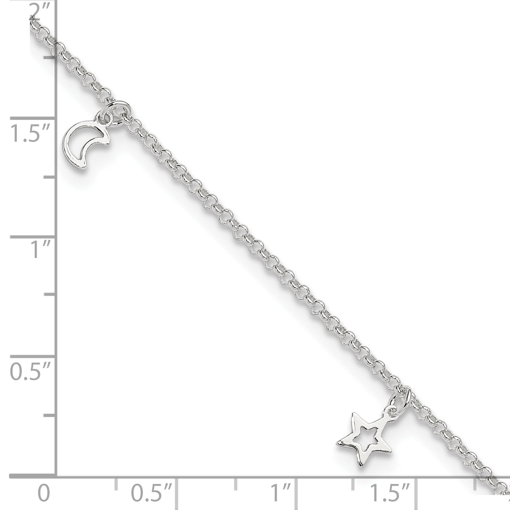 Sterling Silver Moon And Stars 9In Plus 1In Ext. Anklet