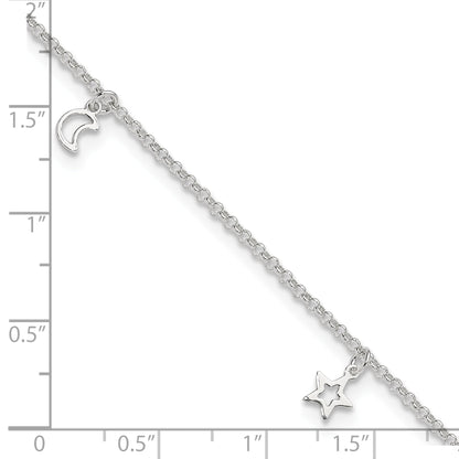 Sterling Silver Moon And Stars 9In Plus 1In Ext. Anklet