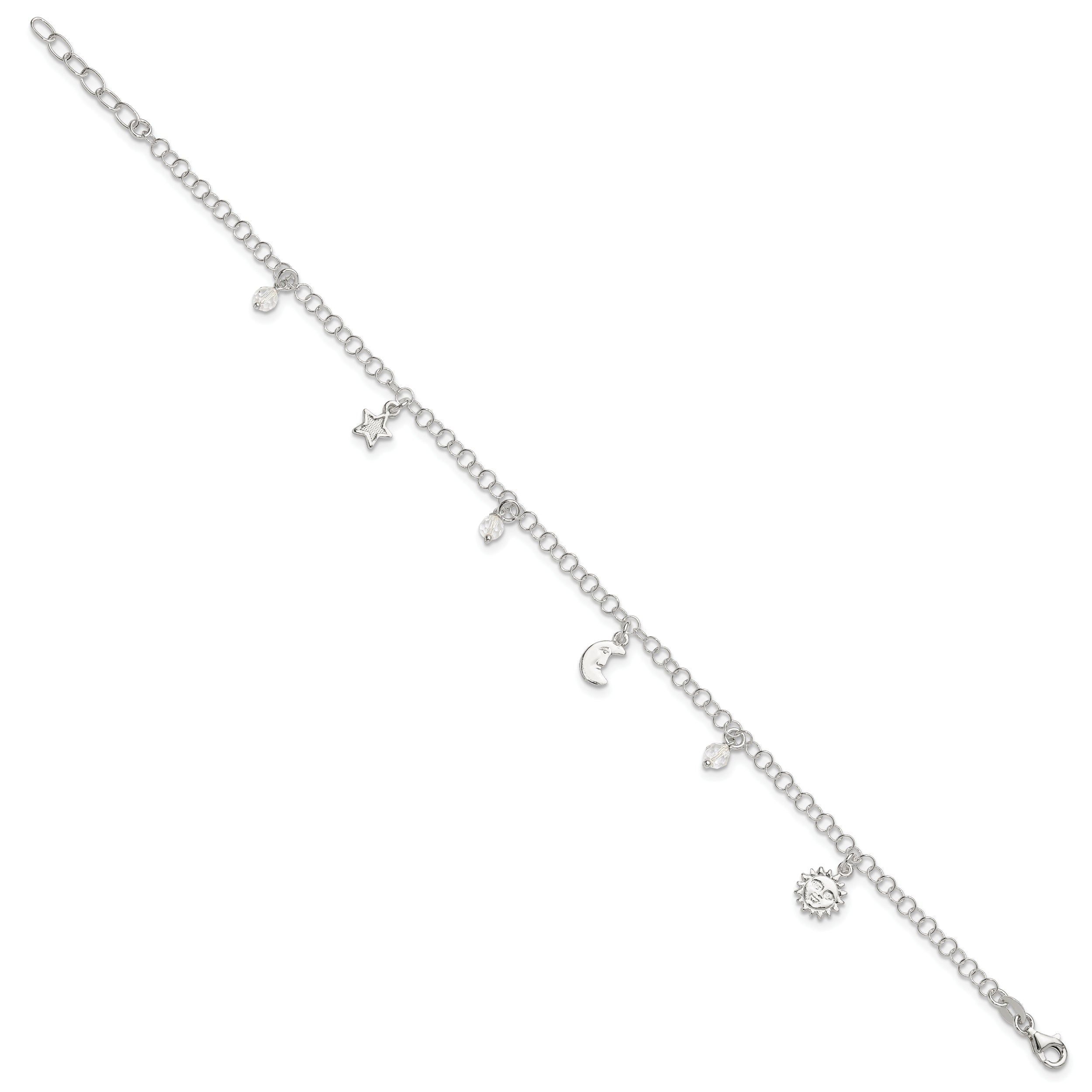 Sterling Silver Polished Sun Moon And Stars 9In Plus 1In Ext. Anklet