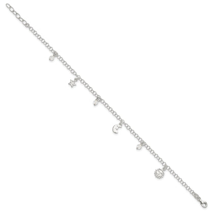 Sterling Silver Polished Sun Moon And Stars 9In Plus 1In Ext. Anklet