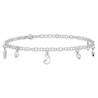 Sterling Silver Polished Sun Moon And Stars 9In Plus 1In Ext. Anklet