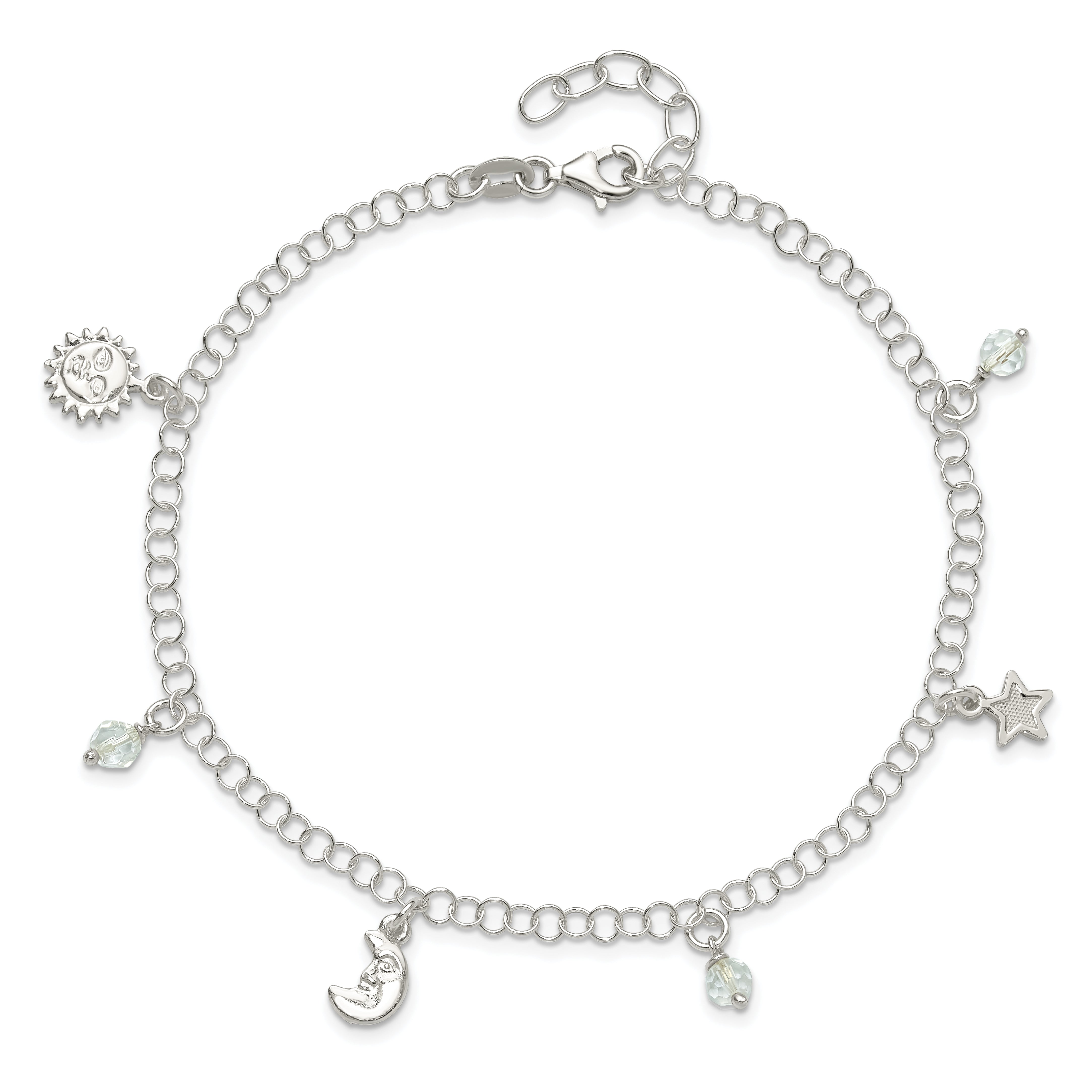 Sterling Silver Polished Sun Moon And Stars 9In Plus 1In Ext. Anklet