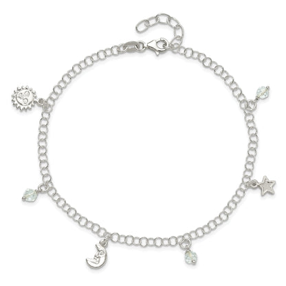 Sterling Silver Polished Sun Moon And Stars 9In Plus 1In Ext. Anklet