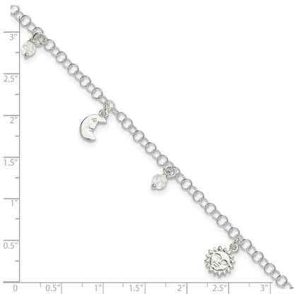 Sterling Silver Polished Sun Moon And Stars 9In Plus 1In Ext. Anklet
