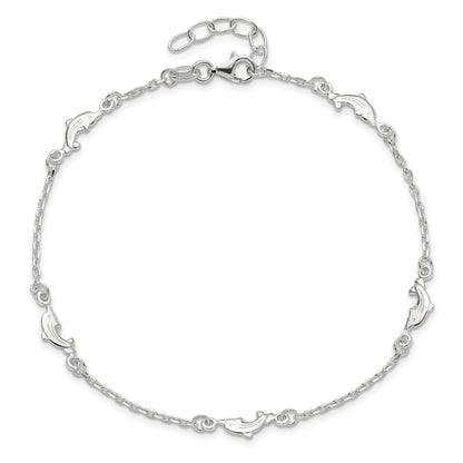 Sterling Silver Polished Dolphin 9In Plus 1In Ext. Anklet