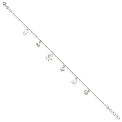 Sterling Silver Polished Ocean Theme 9In Plus 1In Ext. Anklet