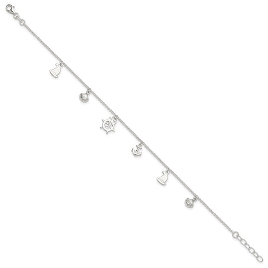 Sterling Silver Polished Ocean Theme 9In Plus 1In Ext. Anklet