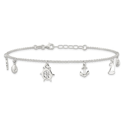 Sterling Silver Polished Ocean Theme 9In Plus 1In Ext. Anklet