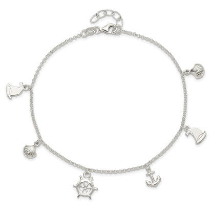 Sterling Silver Polished Ocean Theme 9In Plus 1In Ext. Anklet
