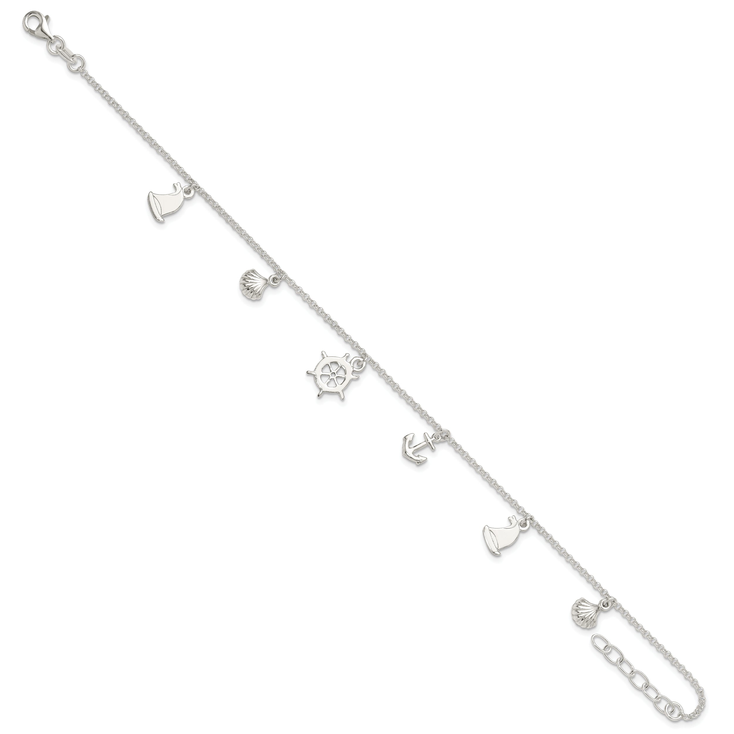 Sterling Silver Polished Ocean Theme 9In Plus 1In Ext. Anklet