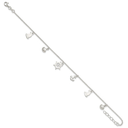 Sterling Silver Polished Ocean Theme 9In Plus 1In Ext. Anklet