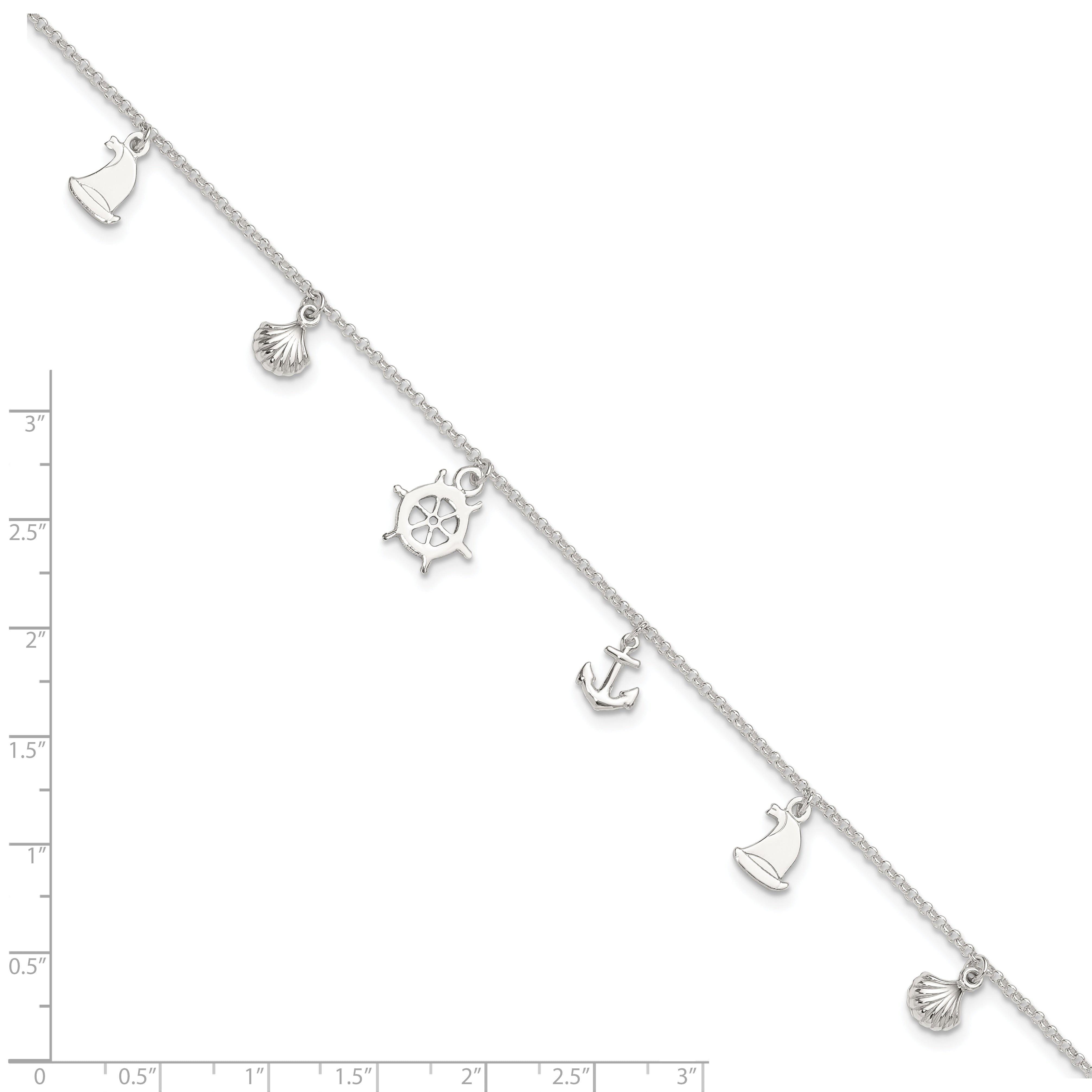 Sterling Silver Polished Ocean Theme 9In Plus 1In Ext. Anklet