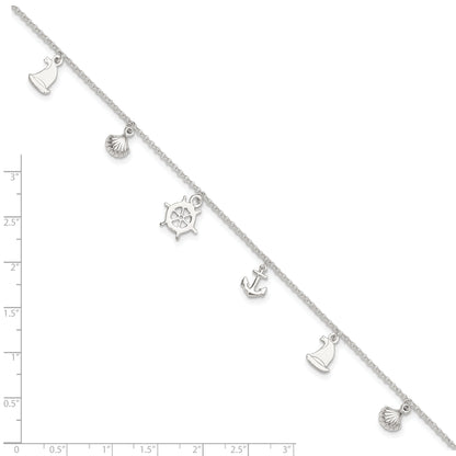 Sterling Silver Polished Ocean Theme 9In Plus 1In Ext. Anklet