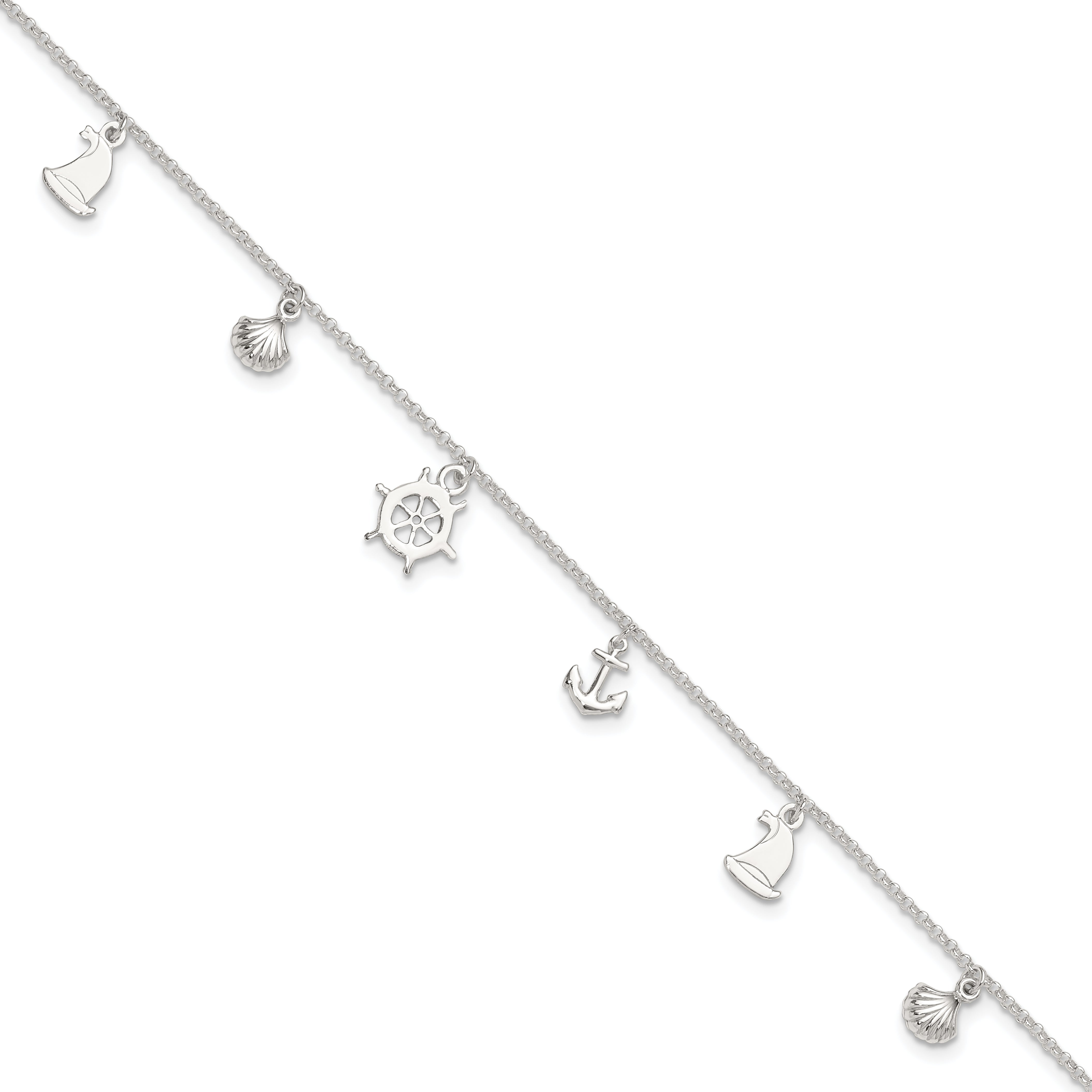 Sterling Silver Polished Ocean Theme 9In Plus 1In Ext. Anklet