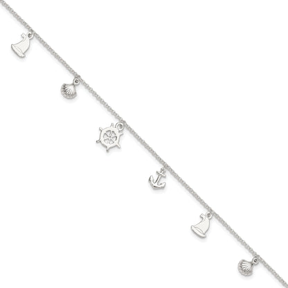 Sterling Silver Polished Ocean Theme 9In Plus 1In Ext. Anklet
