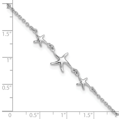 Sterling Silver Rhodium-Plated 10In W/1In Ext Three Stars Anklet