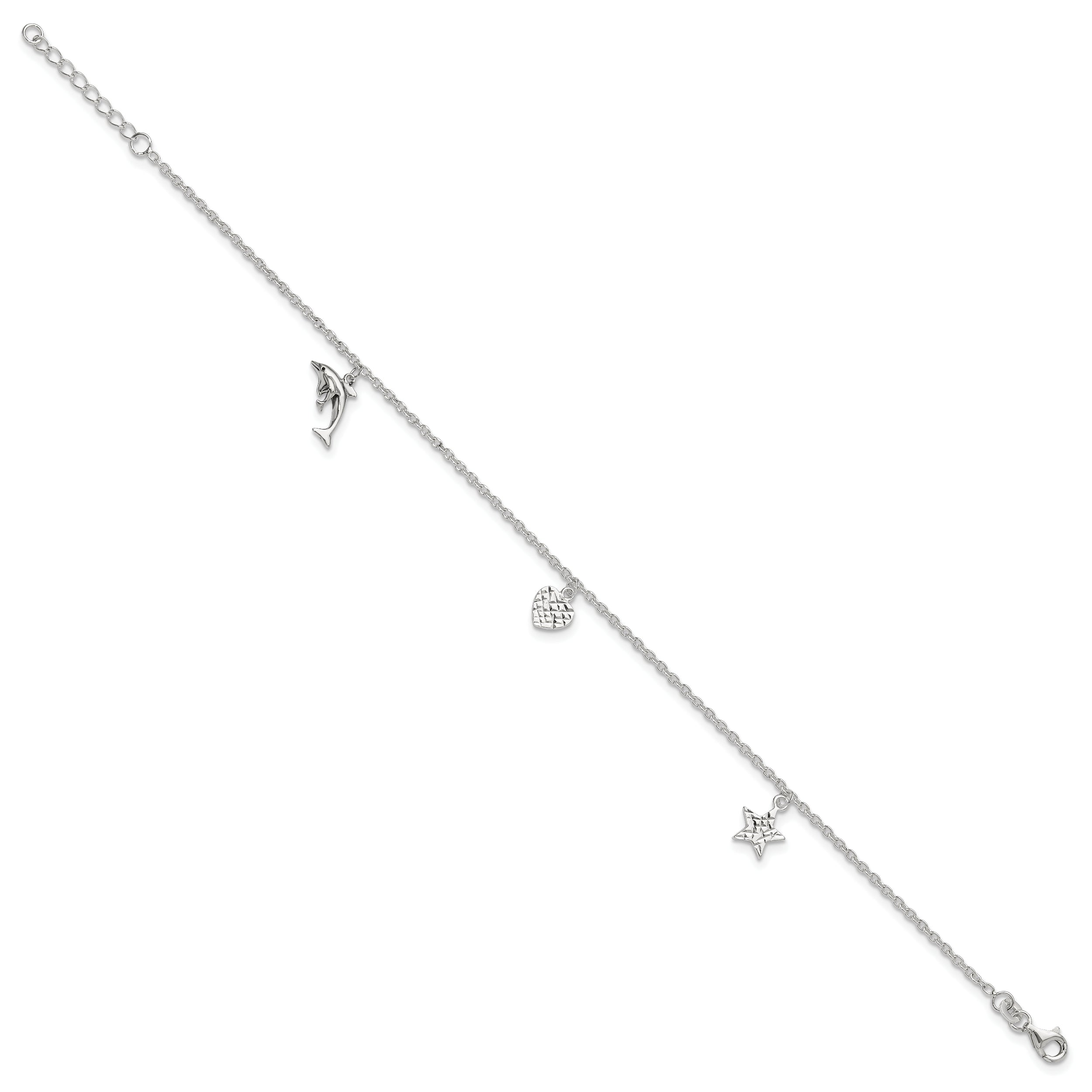 Sterling Silver Polished Heart, Star And Dolphin 9In Plus 1In Ext. Anklet