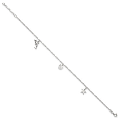 Sterling Silver Polished Heart, Star And Dolphin 9In Plus 1In Ext. Anklet