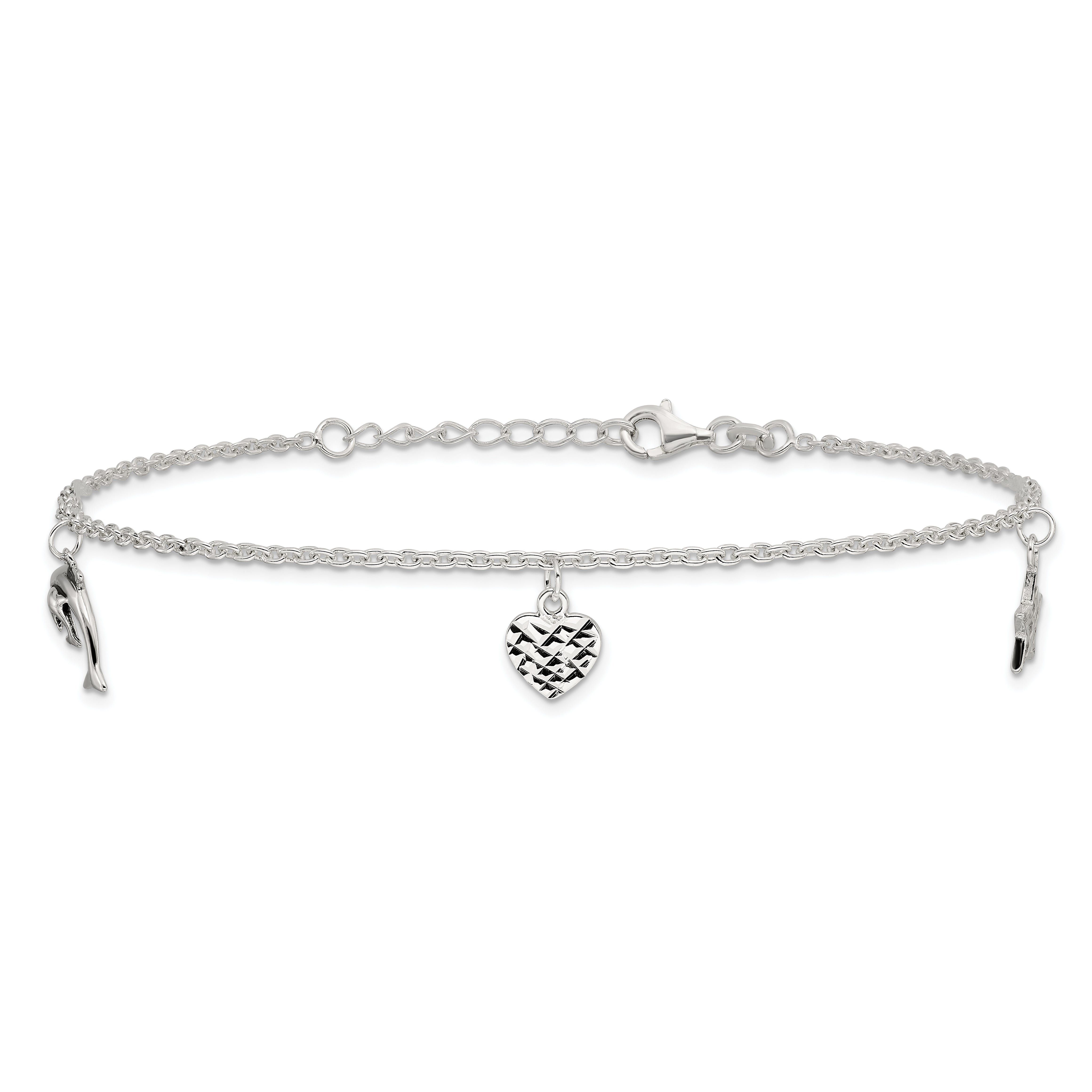 Sterling Silver Polished Heart, Star And Dolphin 9In Plus 1In Ext. Anklet