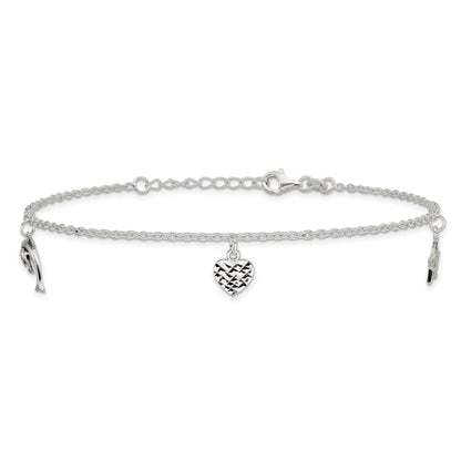 Sterling Silver Polished Heart, Star And Dolphin 9In Plus 1In Ext. Anklet