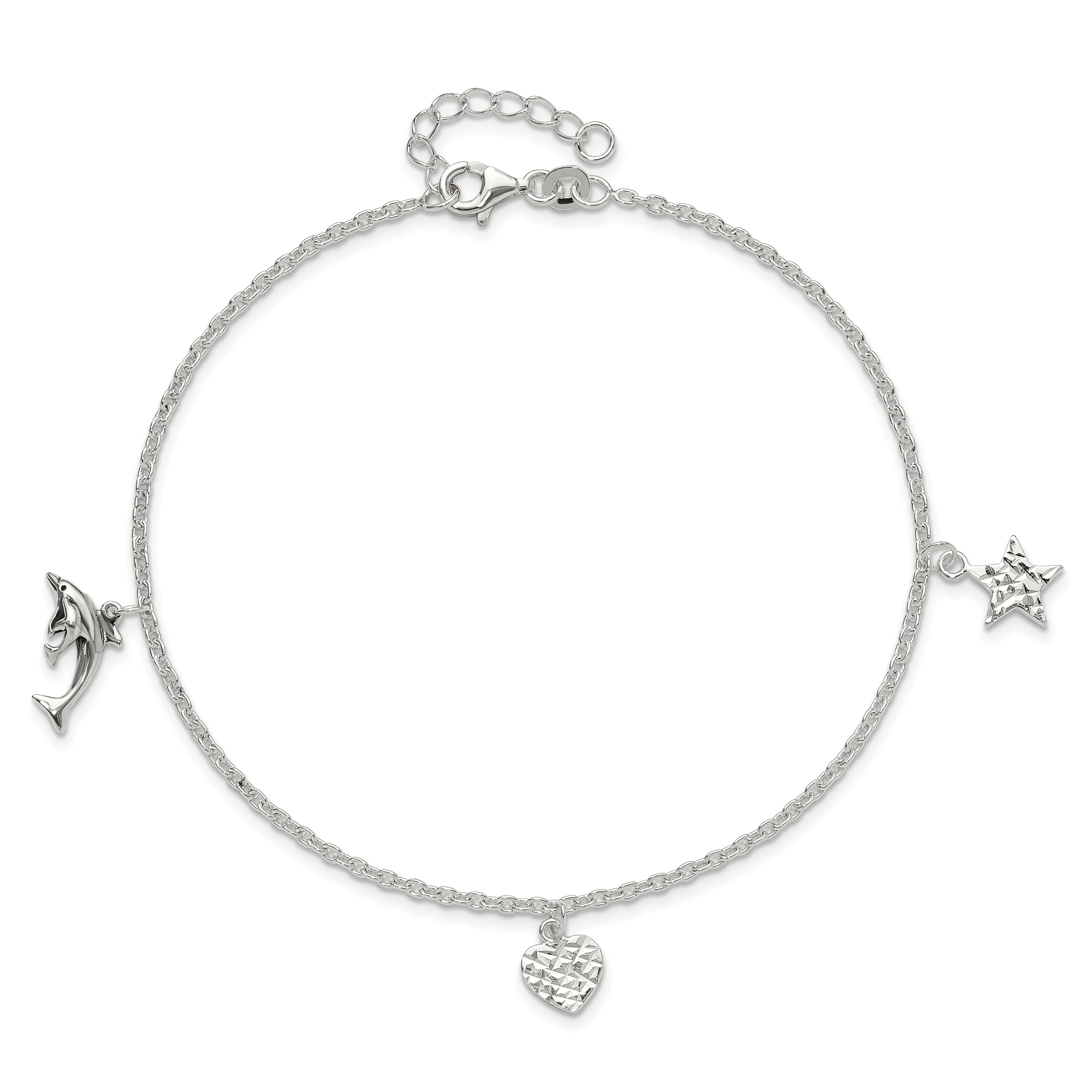 Sterling Silver Polished Heart, Star And Dolphin 9In Plus 1In Ext. Anklet
