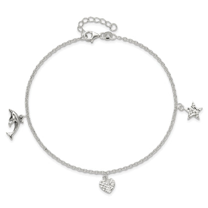 Sterling Silver Polished Heart, Star And Dolphin 9In Plus 1In Ext. Anklet