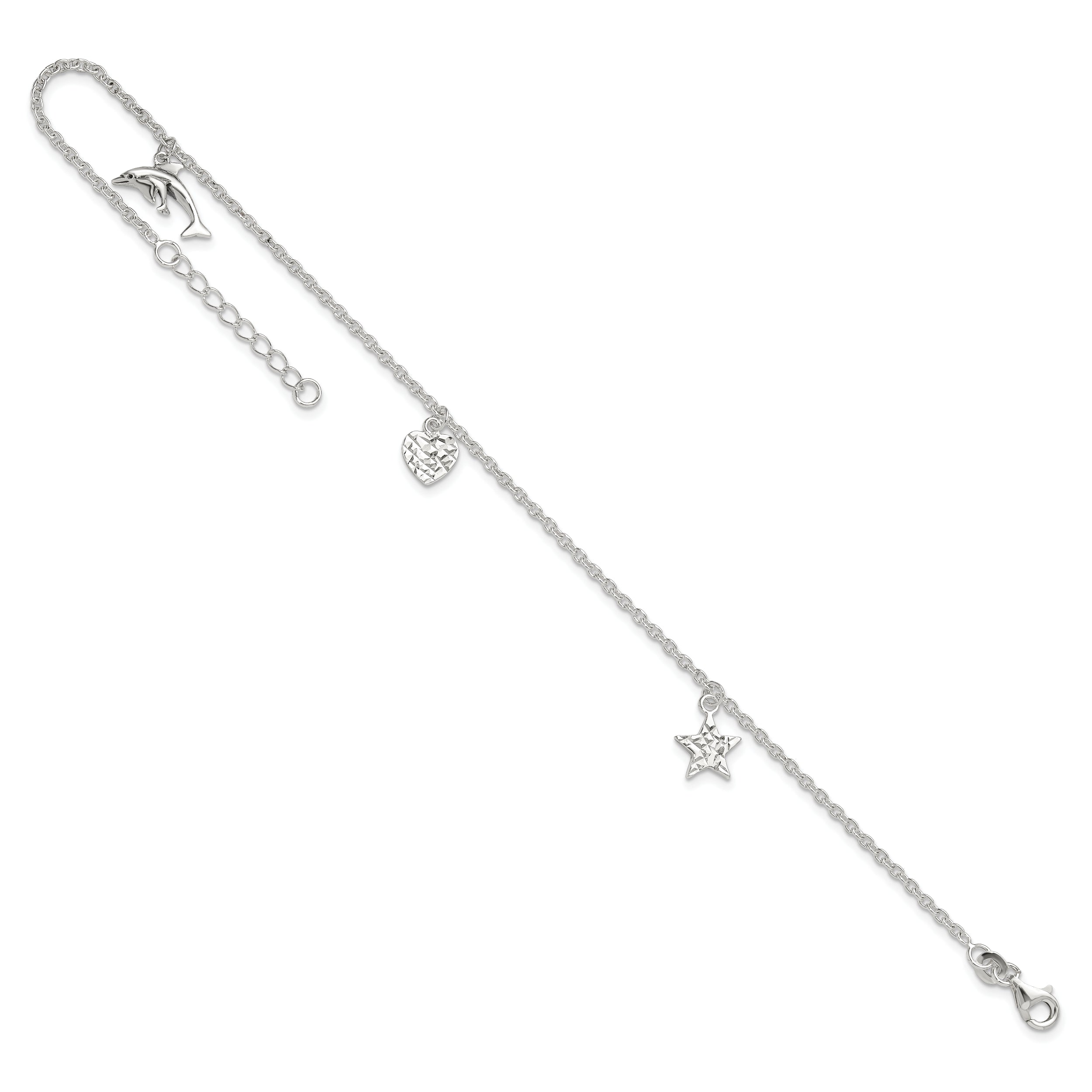 Sterling Silver Polished Heart, Star And Dolphin 9In Plus 1In Ext. Anklet