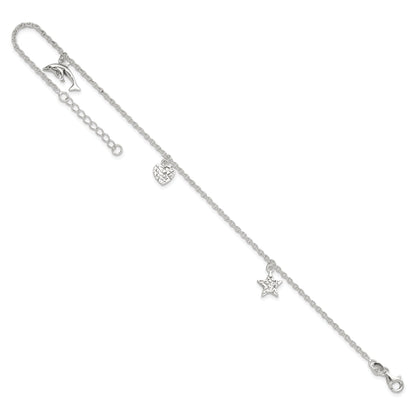 Sterling Silver Polished Heart, Star And Dolphin 9In Plus 1In Ext. Anklet